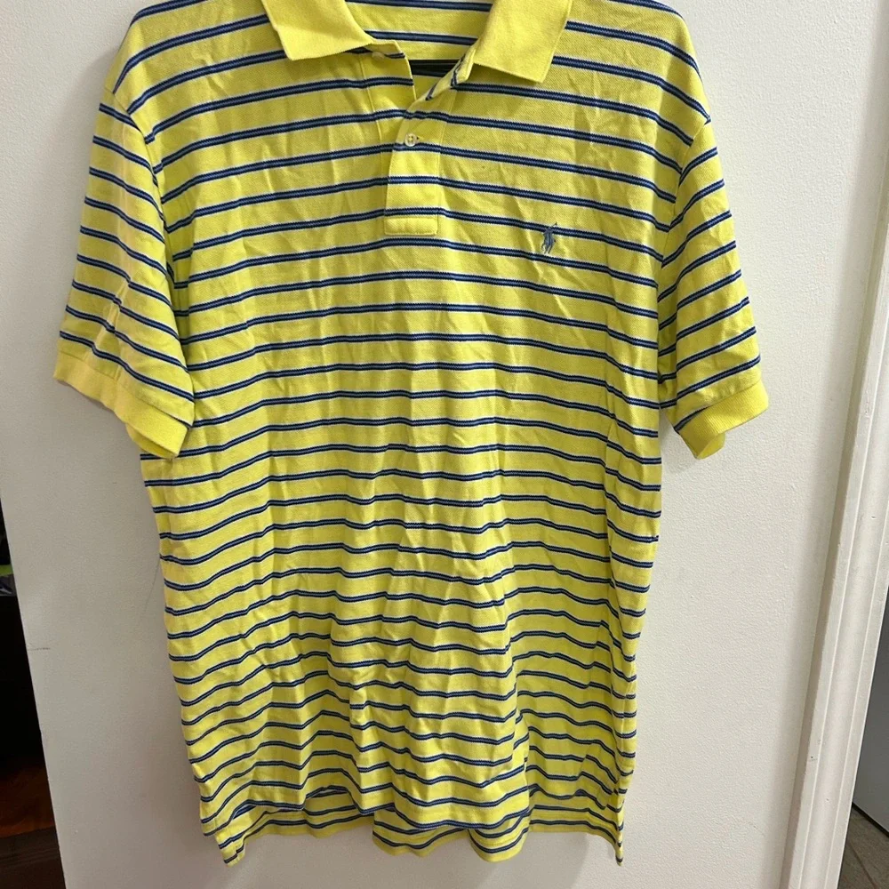 Polo by Ralph Lauren Men Adult Large Yellow Blue Stripe Casual Polo Shirt Preppy